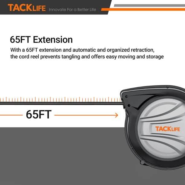 Tacklife Retractable Extension Cord, 65FT+4.5 Extension Cord Reel