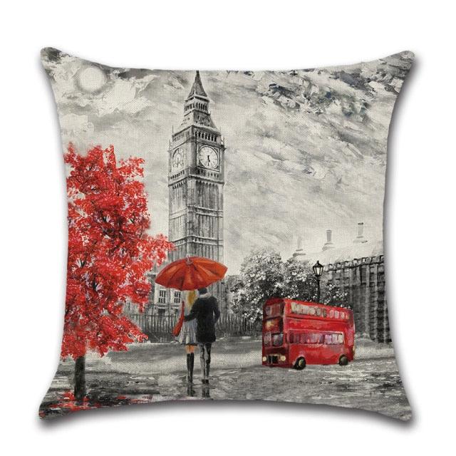 Throw Pillow Covers Valentine's Day Couple Theme Red City Landscape Printing Decorative Pillow Cover For Home Decoration Sofa Cushion Cover Black Red Color Eiffel Tower Big Ben Modern Couple Under Square Decorative Pillow Case Home Decor 45X45CM
