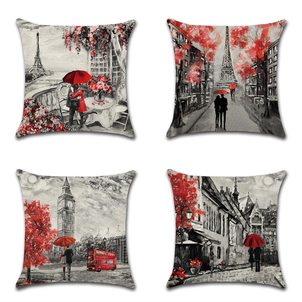 Throw Pillow Covers Valentine's Day Couple Theme Red City Landscape Printing Decorative Pillow Cover For Home Decoration Sofa Cushion Cover Black Red Color Eiffel Tower Big Ben Modern Couple Under Square Decorative Pillow Case Home Decor 45X45CM