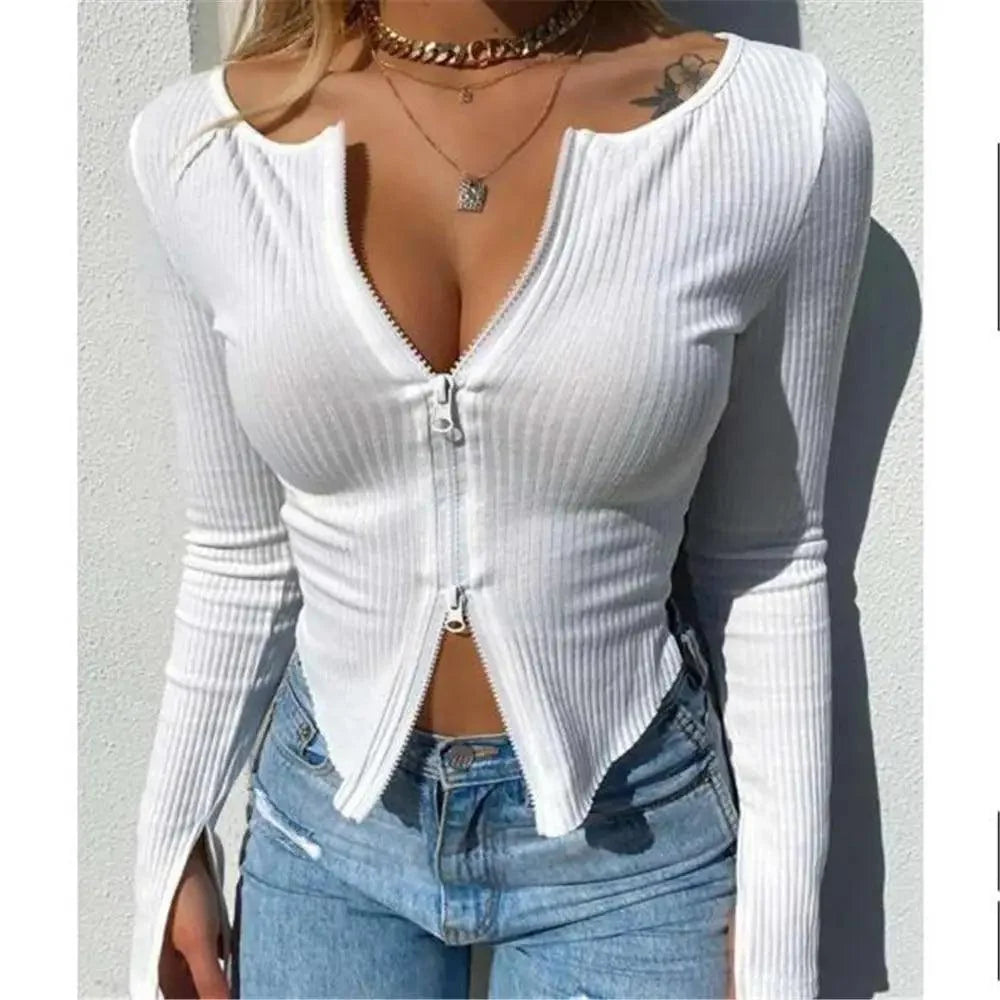 Top fashion Women Ribbed Knitted Long Sleeve Elegant Cute Fashion Crop Tops for Summer