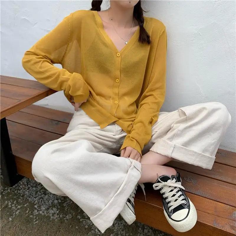 Cardigan For Women Long Sleeve Cardigan Summer Cropped Cardigan Knitted V neck Thin Ice Silk Sweaters Sunscreen Shirt Tops