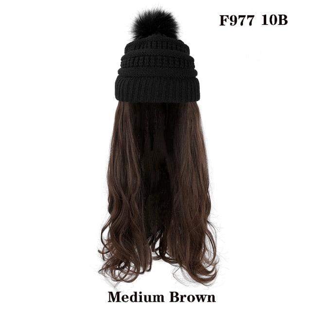 Trendy Hat Wig Synthetic Long Wavy Wigs with Beret Hat Knitted Fashion black Autumn Winter Cap Hair Extensions Wigs For Black Women Cosplay Wigs For Women