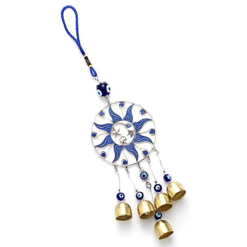 Turkish Lucky Sun Moon & Star Ornament With Hanging Evil Eye & Bell Sign Of Protection Blue Eyes Home Accessories Decoration Wind Chimes Bells Glazed Wall Pendants Decorative Items & Accessories  Car Ornaments For Rear View Mirror