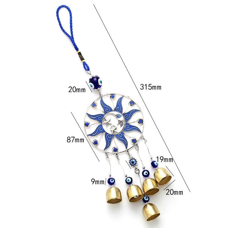Turkish Lucky Sun Moon & Star Ornament With Hanging Evil Eye & Bell Sign Of Protection Blue Eyes Home Accessories Decoration Wind Chimes Bells Glazed Wall Pendants Decorative Items & Accessories  Car Ornaments For Rear View Mirror