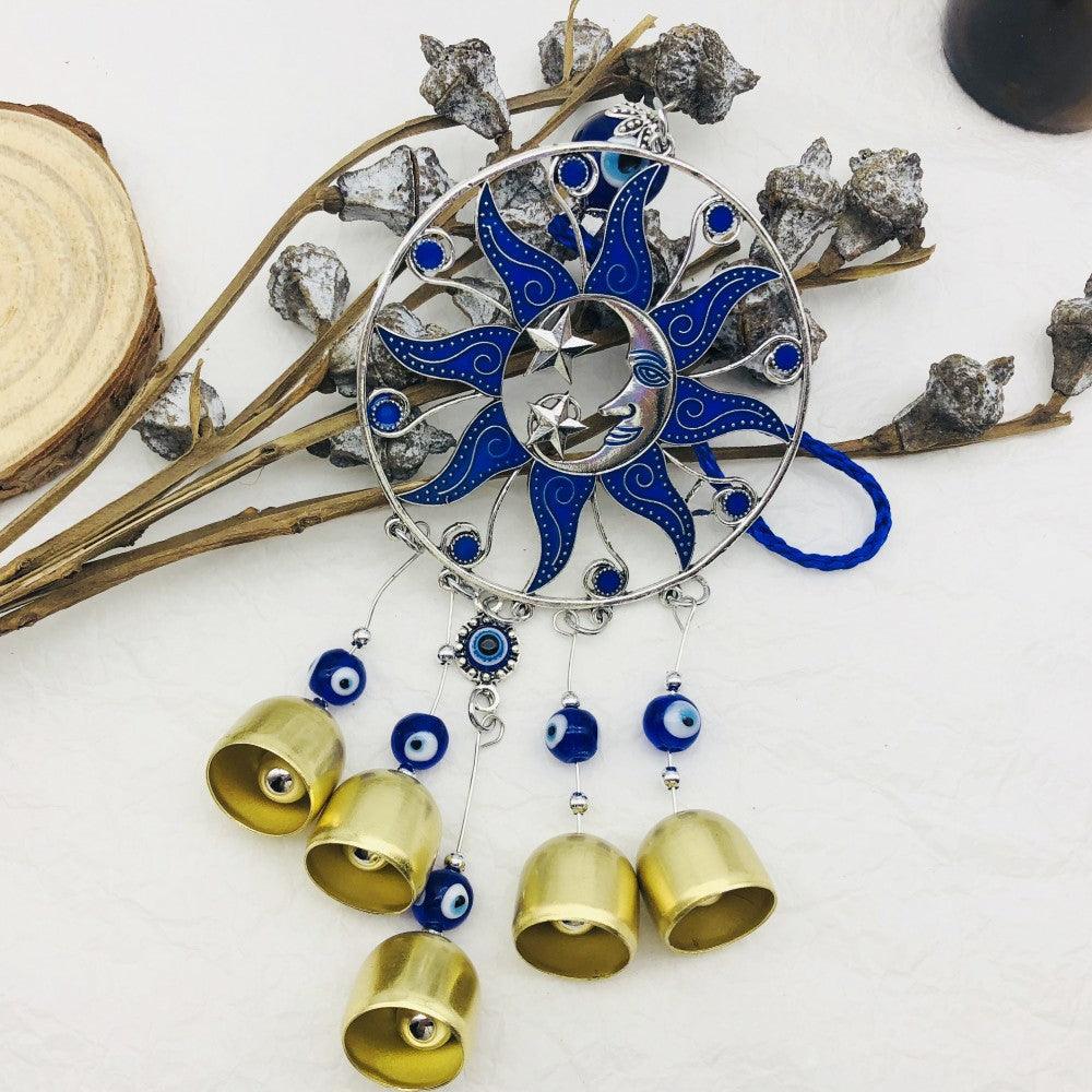 Turkish Lucky Sun Moon & Star Ornament With Hanging Evil Eye & Bell Sign Of Protection Blue Eyes Home Accessories Decoration Wind Chimes Bells Glazed Wall Pendants Decorative Items & Accessories  Car Ornaments For Rear View Mirror