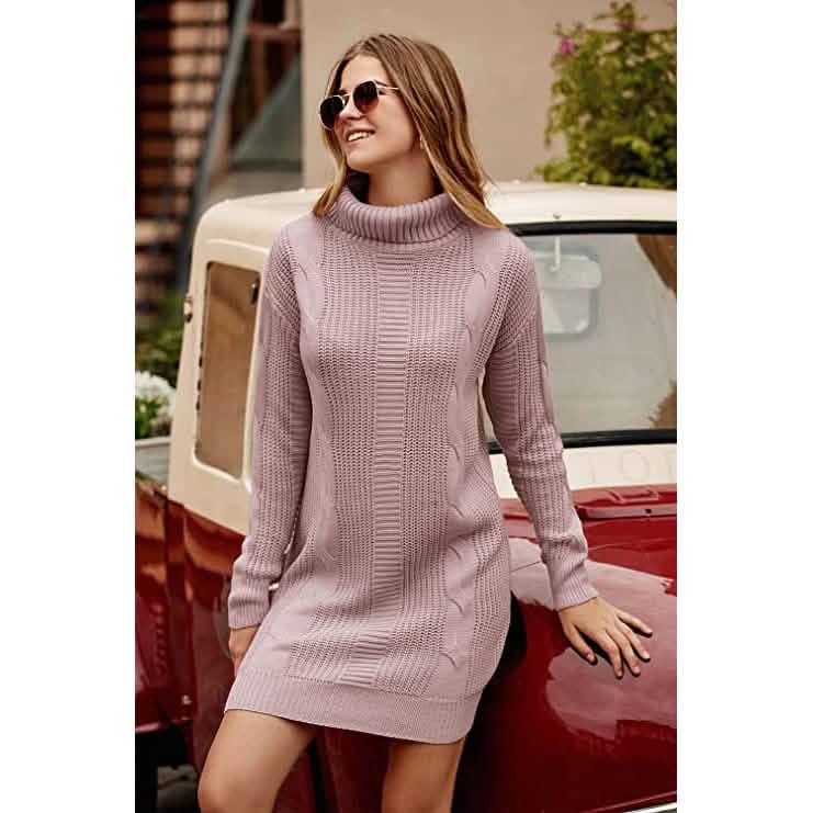 Turtleneck Pullover Sweaters Casual Long Sleeve Plain Winter Knit Sweater Dress