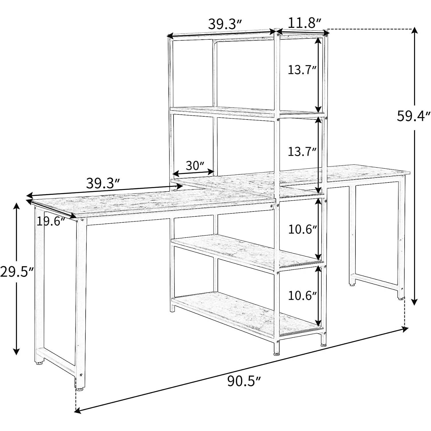 Two Person Computer Desk with Bookshelf Wood and Metal