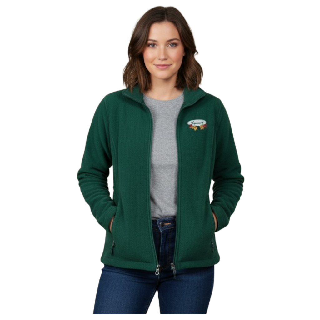 Women’s Full Zip Fleece Jacket – White Fall Leaves Oval Embroidery