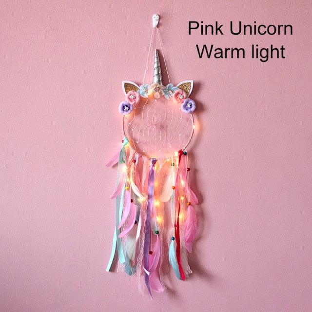 Unicorn Dream Catcher Unicorn Wind Chimes Big Traditional  Dream-catcher For Decoration White Feather Wind Chime Wall Hanging LED Light Feather Home Decoration Accessories For Home Wall Hanging Photography Prop