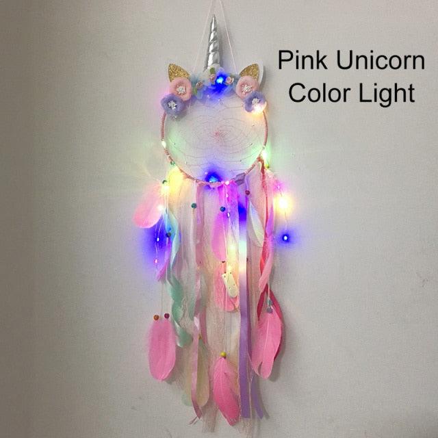Unicorn Dream Catcher Unicorn Wind Chimes Big Traditional  Dream-catcher For Decoration White Feather Wind Chime Wall Hanging LED Light Feather Home Decoration Accessories For Home Wall Hanging Photography Prop
