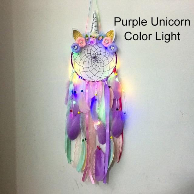Unicorn Dream Catcher Unicorn Wind Chimes Big Traditional  Dream-catcher For Decoration White Feather Wind Chime Wall Hanging LED Light Feather Home Decoration Accessories For Home Wall Hanging Photography Prop