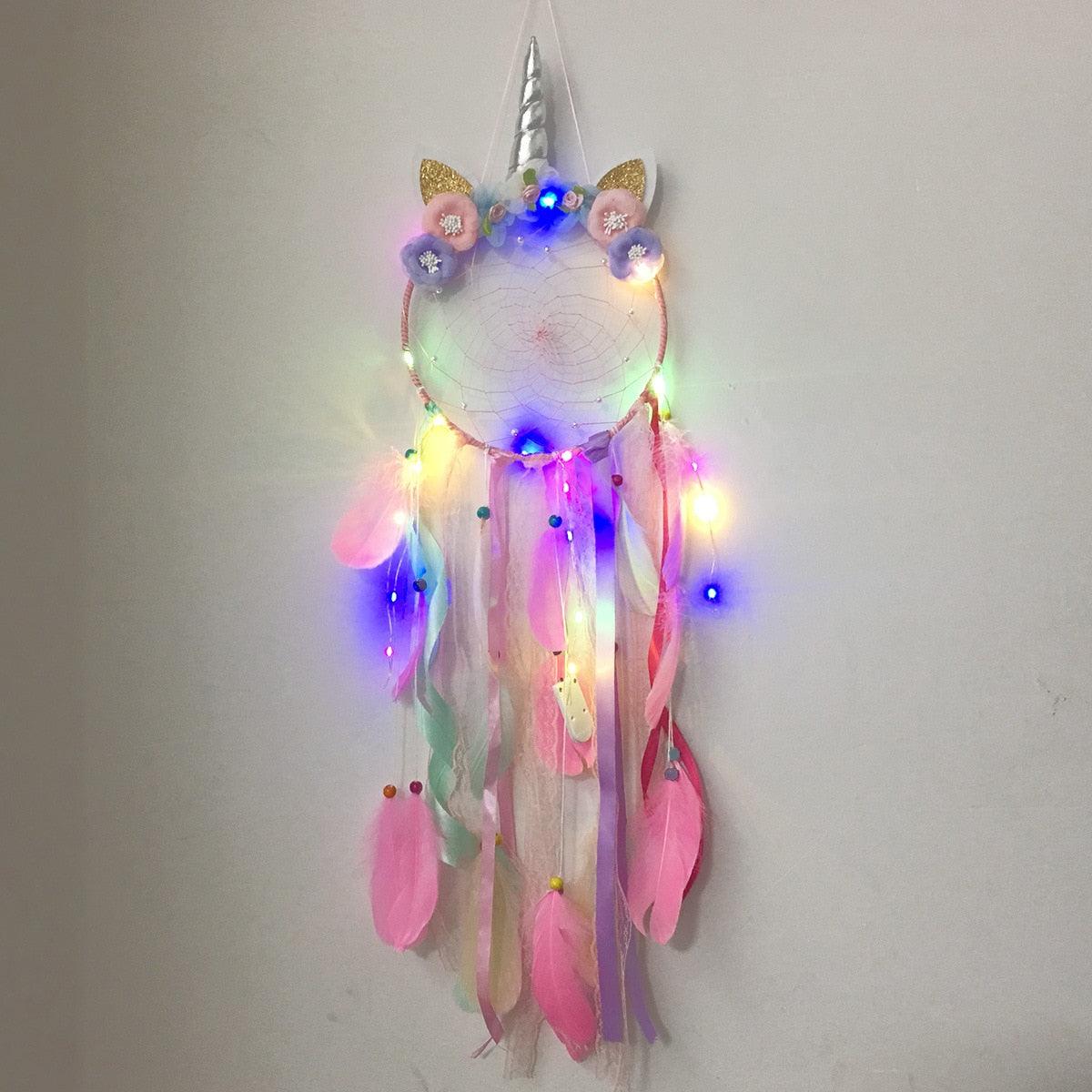 Unicorn Dream Catcher Unicorn Wind Chimes Big Traditional  Dream-catcher For Decoration White Feather Wind Chime Wall Hanging LED Light Feather Home Decoration Accessories For Home Wall Hanging Photography Prop
