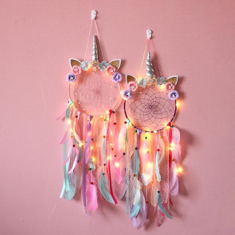 Unicorn Dream Catcher Unicorn Wind Chimes Big Traditional  Dream-catcher For Decoration White Feather Wind Chime Wall Hanging LED Light Feather Home Decoration Accessories For Home Wall Hanging Photography Prop