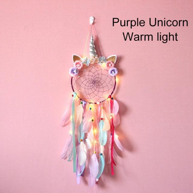 Unicorn Dream Catcher Unicorn Wind Chimes Big Traditional  Dream-catcher For Decoration White Feather Wind Chime Wall Hanging LED Light Feather Home Decoration Accessories For Home Wall Hanging Photography Prop