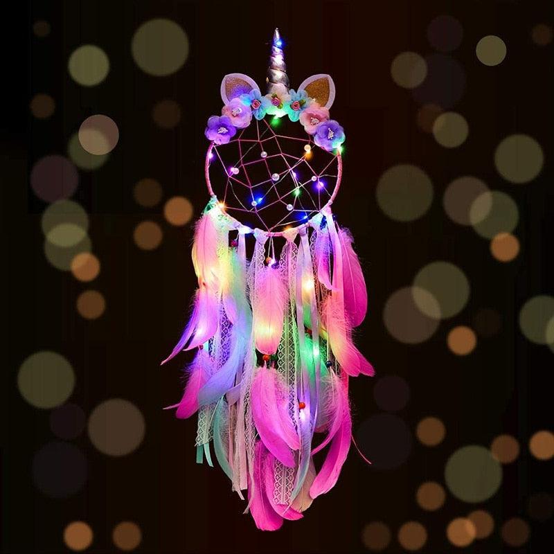 Unicorn Dream Catcher Unicorn Wind Chimes Big Traditional  Dream-catcher For Decoration White Feather Wind Chime Wall Hanging LED Light Feather Home Decoration Accessories For Home Wall Hanging Photography Prop