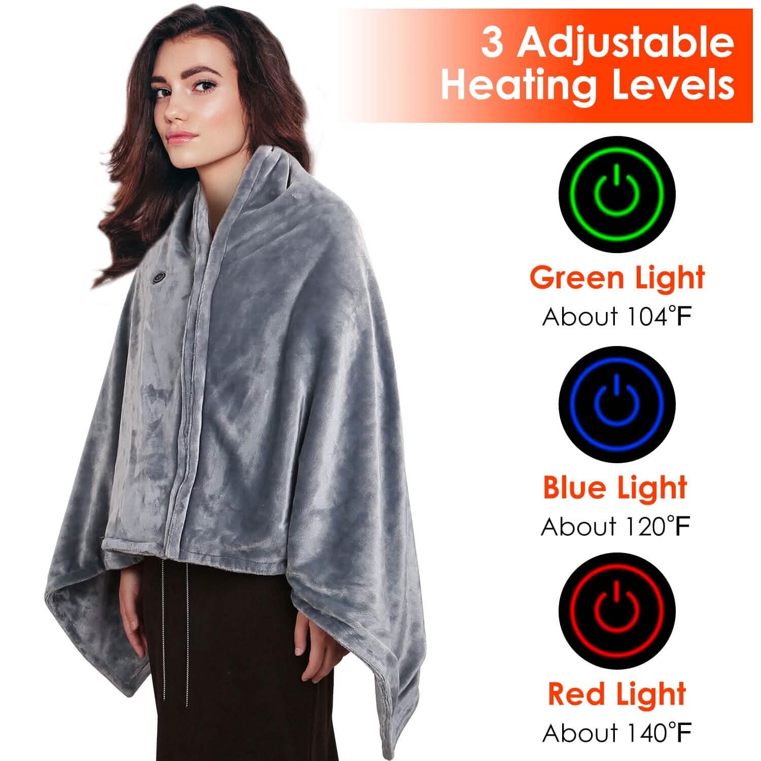 USB Heated Blanket Poncho Shawl Wrap Throw with Zipper Washable