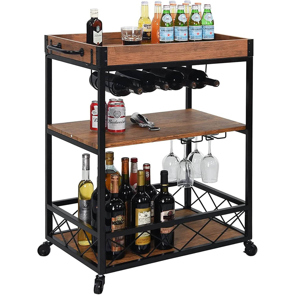Usinso Industrial Rolling Bar Cart with 3 Tier Storage Shelves