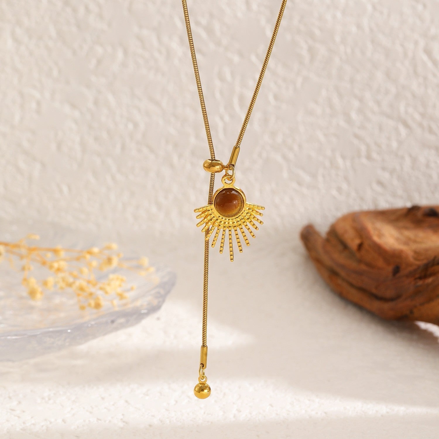 Gold Sunflower & Tiger Eye Long Necklace