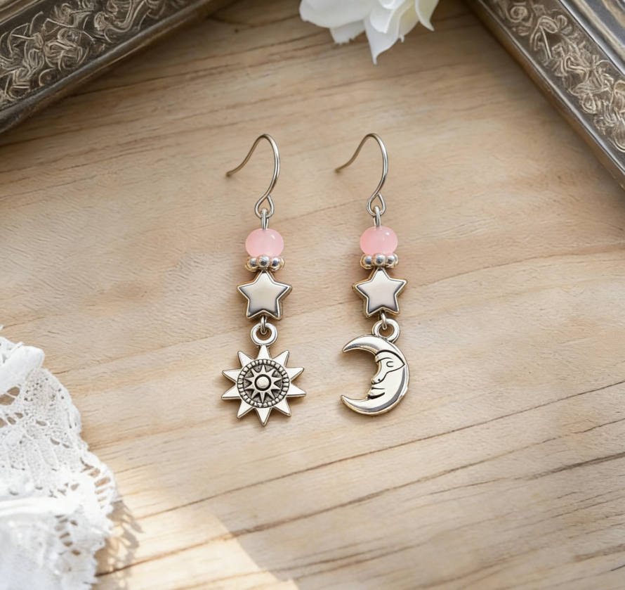 Long Vintage Sun, Moon & Star Drop Earrings