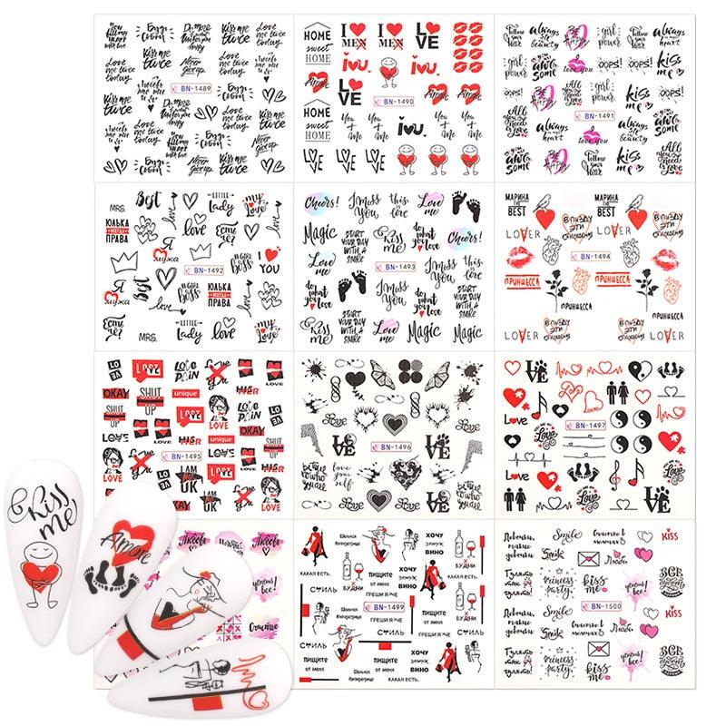 Valentines Heart Letter Flower Nail Stickers Sliders For Nails Water Decals Sticker Tips Manicure Decals for Nail Art Decoration Including Hearts Stars Letters Bowknot Leaves Flowers Plants Fruits Butterflies Nail Art Decoration