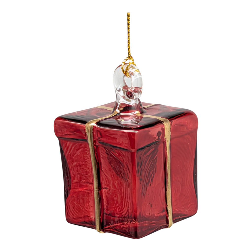 Blown Glass Present Ornament - Red