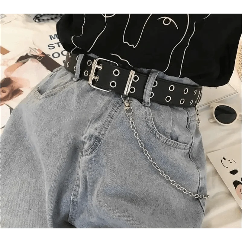 Vintage Adjustable Black Metal Waistband Buckle Leather Waistband For Jeans Trendy Women's Fashionable Design Waistbands 103cm