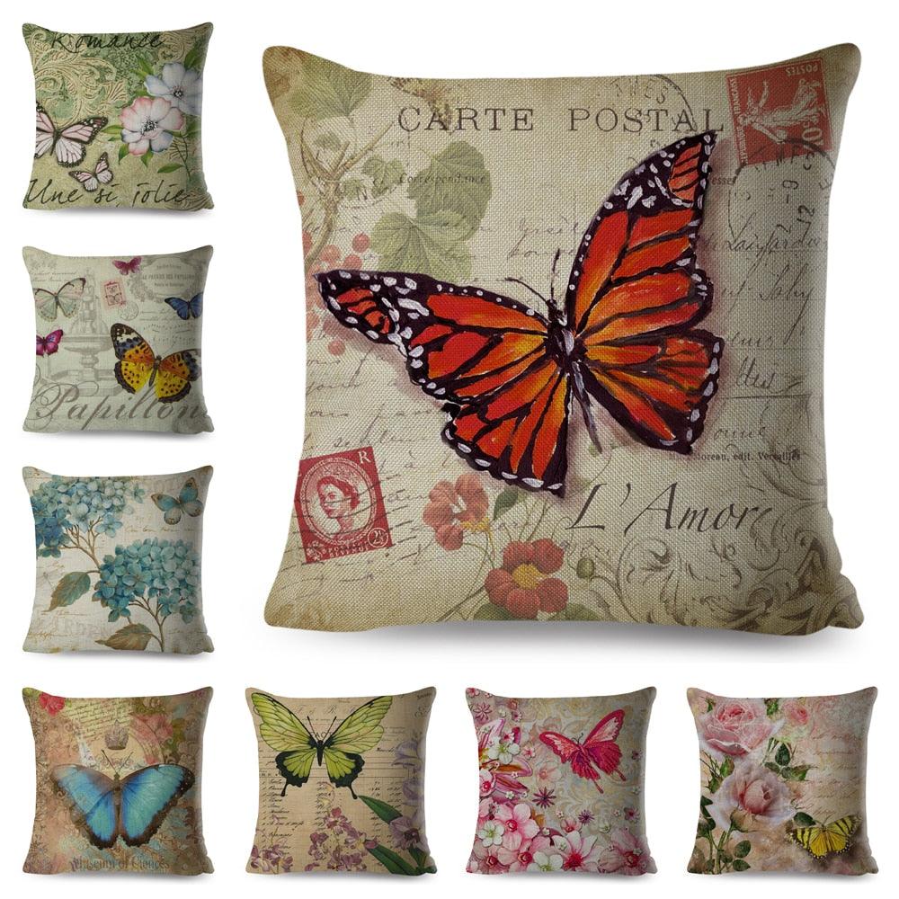Vintage Europe Style ButteLight Blue Pattern Throw Pillow Covers Old Poster Pillowcase Cotton / Polyester Cushion Cover for Sofa Home Kids Room Butterfly Figure Embellished with Orchid Artistic Leaves Graphic Decorative Square Accent Pillow Case