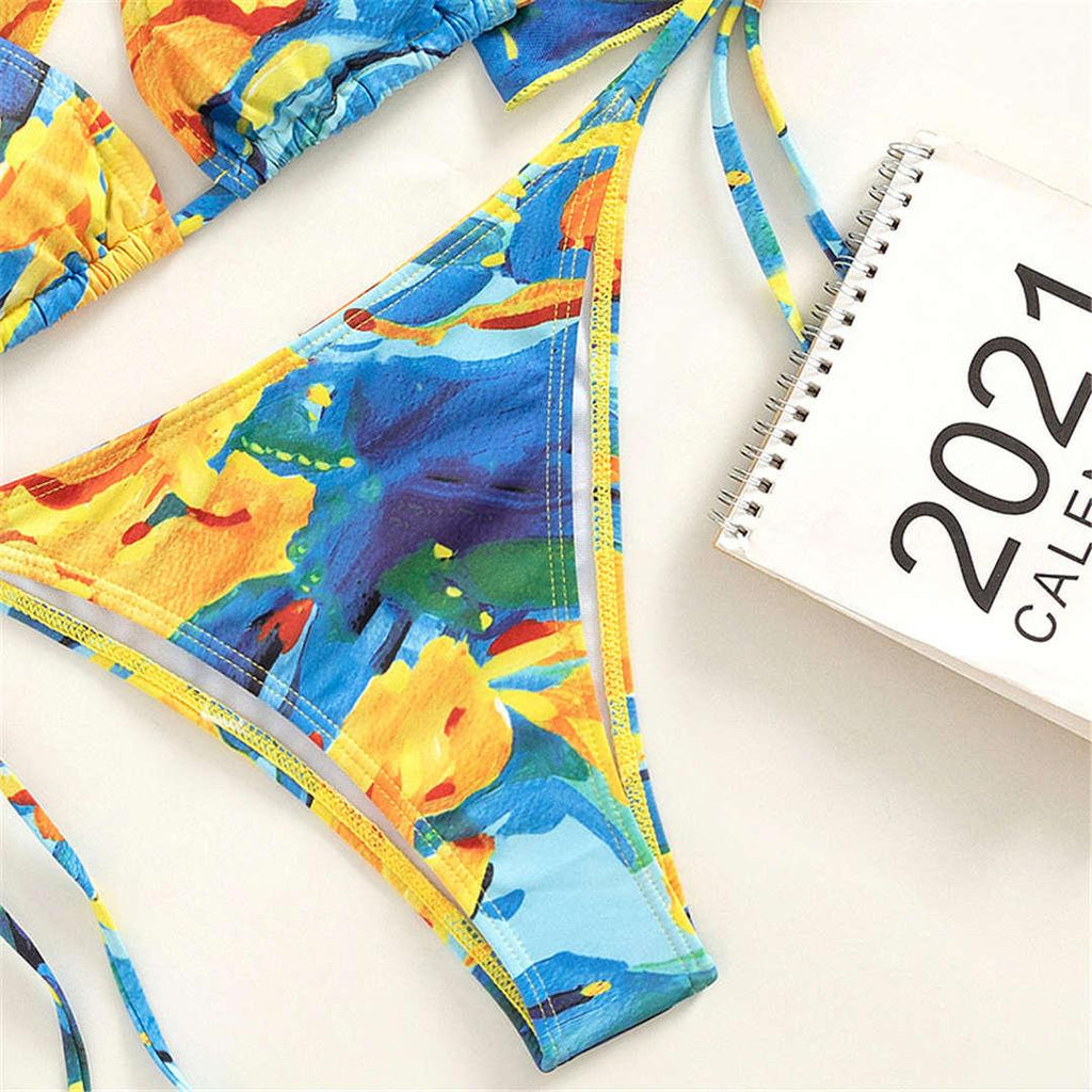 Vintage Halter Printed Leopard Bikini Female Lace Up Bottom Swimsuit Women Swimwear Long Sleeve Bathing Suits Leopard Print Swimsuit Three-pieces Bikini Set Long Sleeve Bathing Suit Cute Swimwear