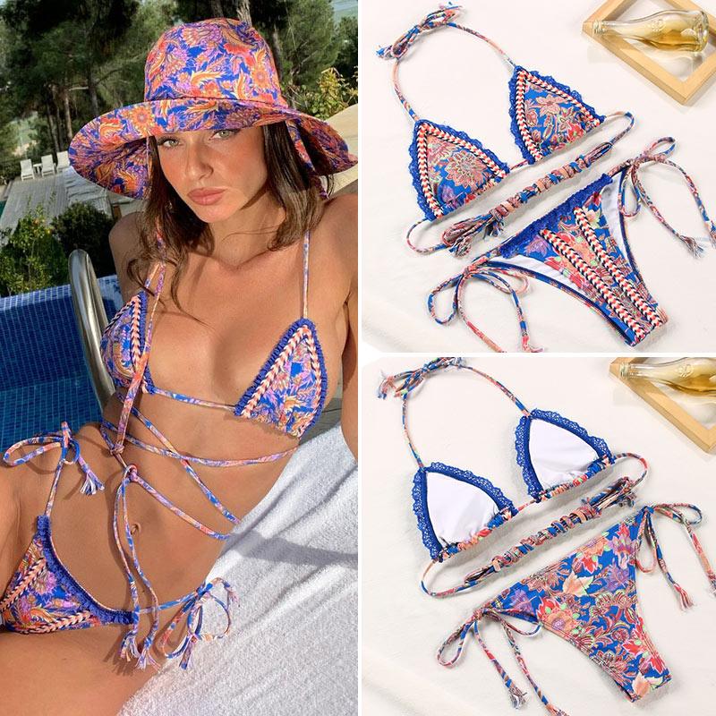 Vintage Print Bikini Female Handwork Small Ruffle Swimming Suit For Women Swimwear High Cut Bikini Set String Print Halter String Triangle Bikini Set Luxury Swimwear Two Piece Swimsuit