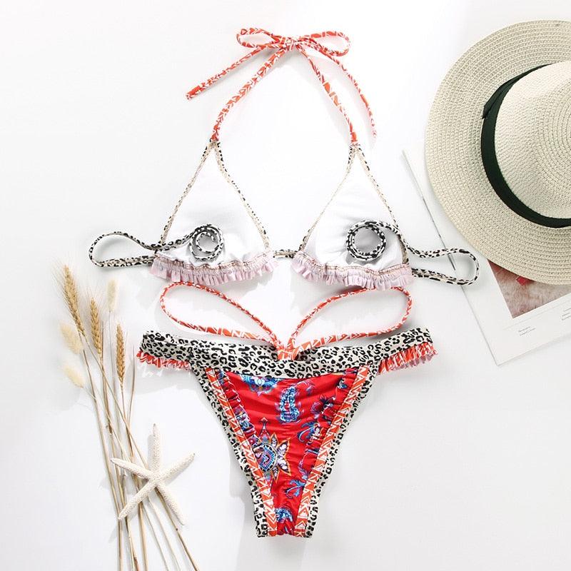 Vintage Print Bikini Female Handwork Small Ruffle Swimming Suit For Women Swimwear High Cut Bikini Set String Print Halter String Triangle Bikini Set Luxury Swimwear Two Piece Swimsuit