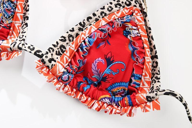 Vintage Print Bikini Female Handwork Small Ruffle Swimming Suit For Women Swimwear High Cut Bikini Set String Print Halter String Triangle Bikini Set Luxury Swimwear Two Piece Swimsuit