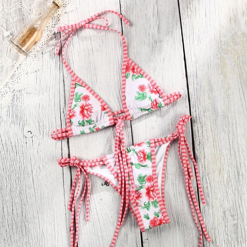Vintage Print Bikini Female Handwork Small Ruffle Swimming Suit For Women Swimwear High Cut Bikini Set String Print Halter String Triangle Bikini Set Luxury Swimwear Two Piece Swimsuit