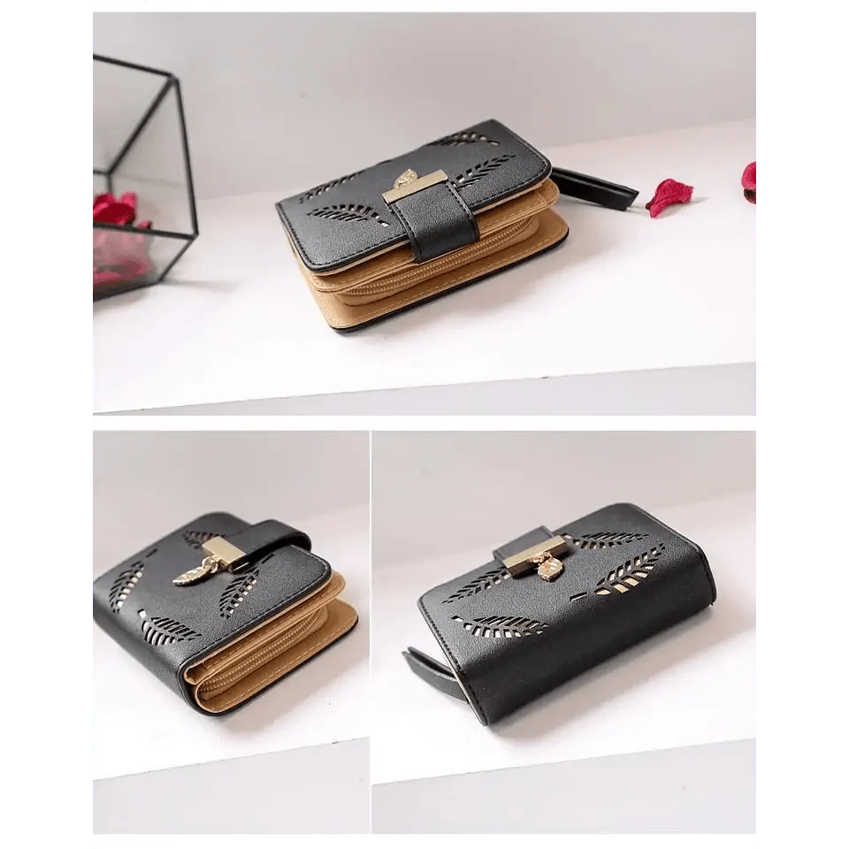 Vintage PU Leather Short Wallets Leaf Design Fashion Purse For Women Elegant Ladies Cute Zipper Purses Card Holders Women Wallet