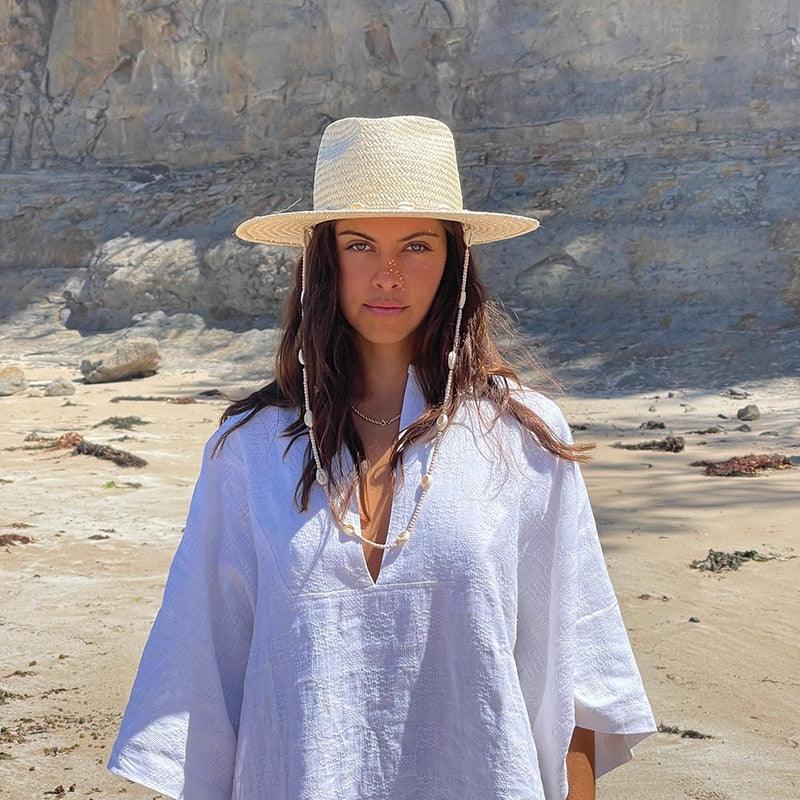 Vintage Seashells Beaded Beach Hats With Chain For Women Elegant Outdoor Ladies Hat Beach Hats Women Seashells Sun Hat Fashion Straw Fedoras Sun Hats Summer Portable Charming Hat