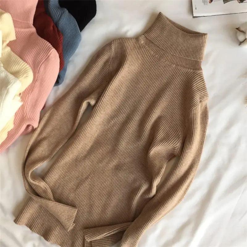 Vintage Style Autumn Winter Thick Sweater For Women Knitted Ribbed Pullover Sweater Long Sleeve Turtleneck Slim Jumper Soft Warm Pullover