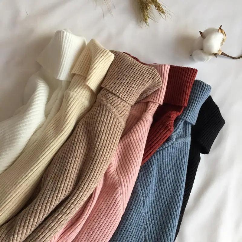 Vintage Style Autumn Winter Thick Sweater For Women Knitted Ribbed Pullover Sweater Long Sleeve Turtleneck Slim Jumper Soft Warm Pullover
