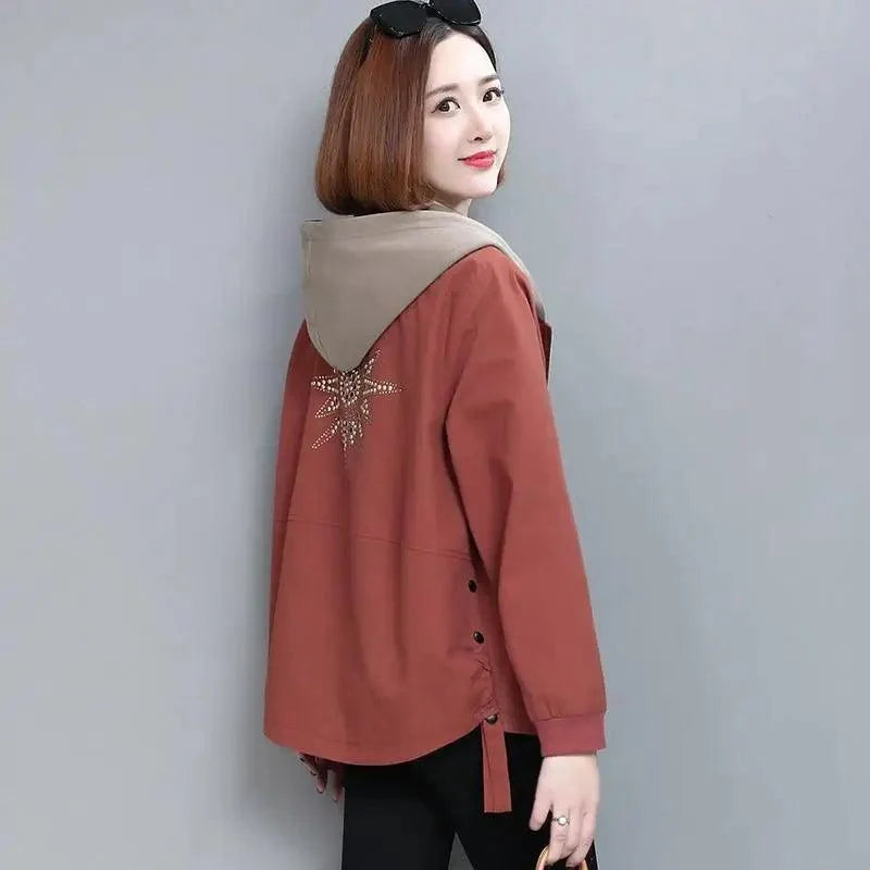 Vintage Style Women's Coat Hooded Jacket Long Sleeve Zipper Pockets Casual Windbreaker Basic Jackets Outerwear Plus Size 4XL E25