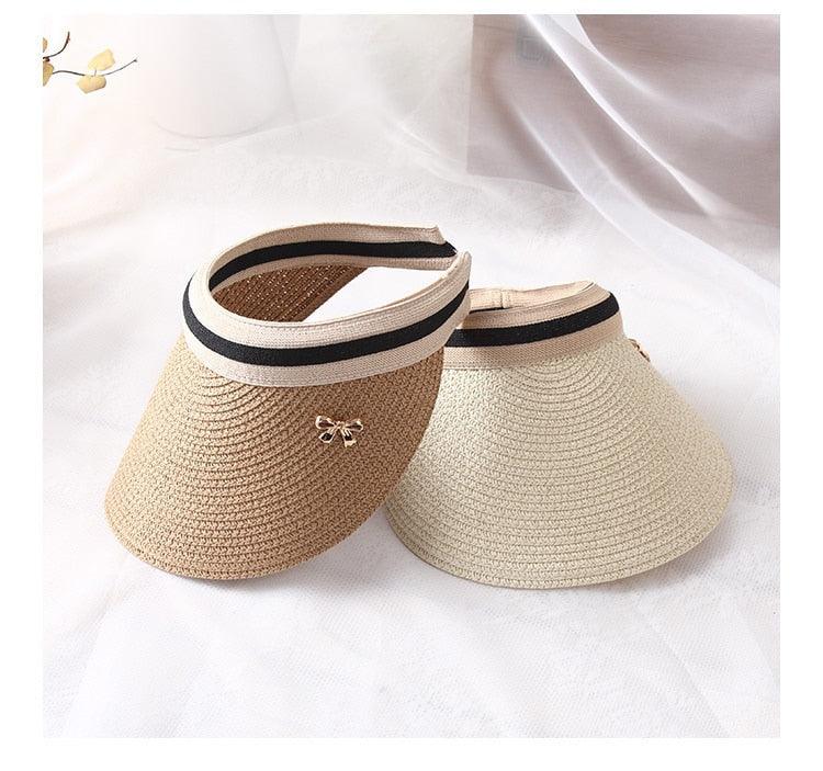 Vintage Women's Sun Hats Handmade Straw Visor Caps Fashionable Adult Sun Beach Top Hats Cute Bowknot Design Fashion Summer Women's Casual Caps Straw Hats Parent-Child Summer Hat Empty Top Beach Hat
