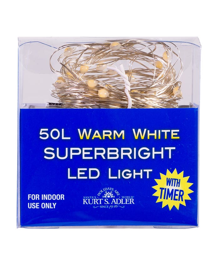50-Light Battery-Operated Warm White Superbright LED Light Set - Silver Wire