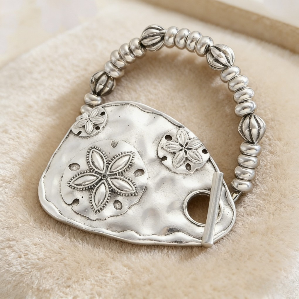 Vintage Bold Engraved Flower & Bead Bracelet