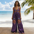 Summer Vintage Floral Linen Halter Wide-Leg Jumpsuit
