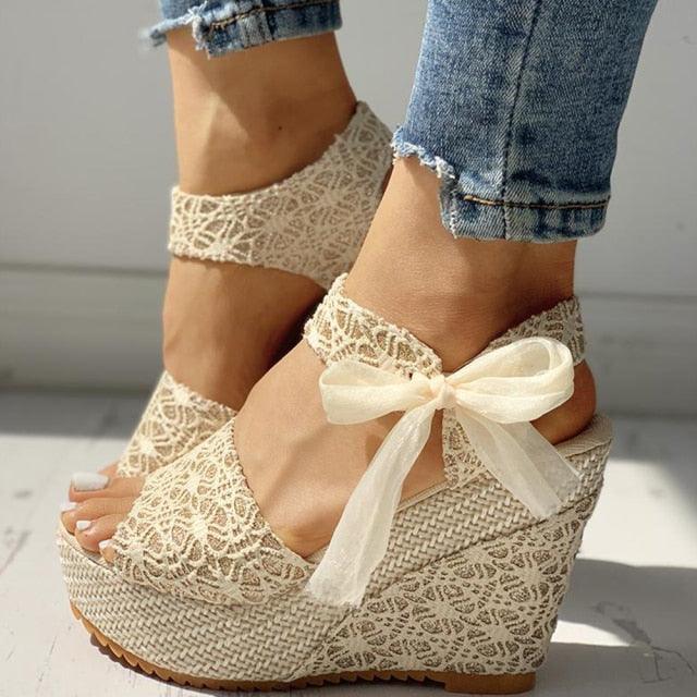 Wedding Lace Women Heeled Shoes Summer Sandals Party Platform High Heels Woman Espadrilles Platform Ankle Strap Lace Bow High Heels Summer Casual Beach Sandals