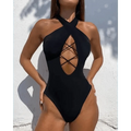 White One Piece Women Fashion Lace-up Plunge Swimsuit Sleeveless Solid Swimwear For Girls