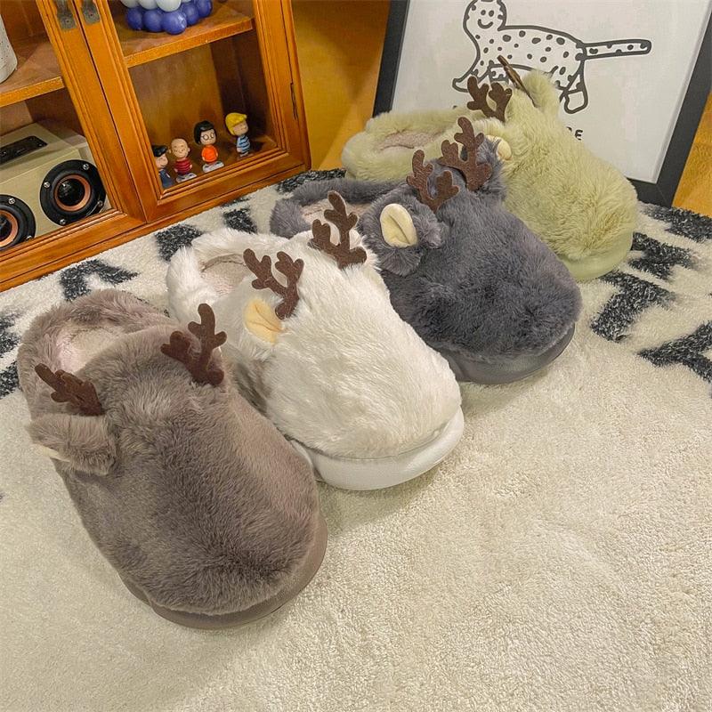 White Slippers For Women Fuzzy Cute Antlers Warm Animal Memory Foam Plush Women Men Indoor Outdoor Bedroom Slippers Fur Home Slippers For Women Memory Foam Anti-Slip Cozy Fluffy Outdoor Indoor Warm Slippers