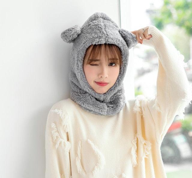 Winter Cute Bear Ears Warm Hat Windproof Neck Scarf Cap Student Women Plus Cashmere Cap Unisex Keep Warm Sports Beanies Knitted Headgear Face Hooded Cowl Neckerchief with Drawstring Soft Balaclava Pullover Knitted Beanie