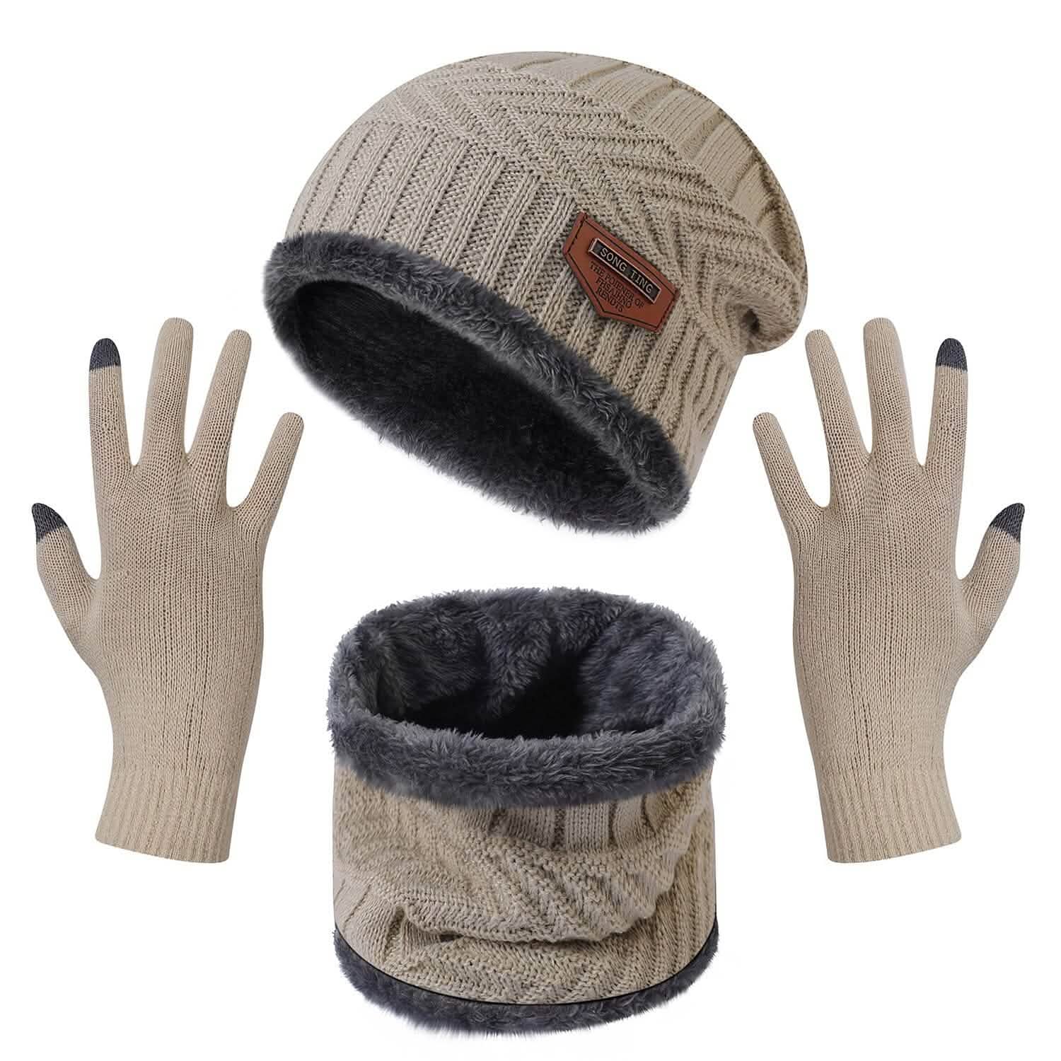 Winter Warm Beanie and Touch Screen Gloves Scarfs Set