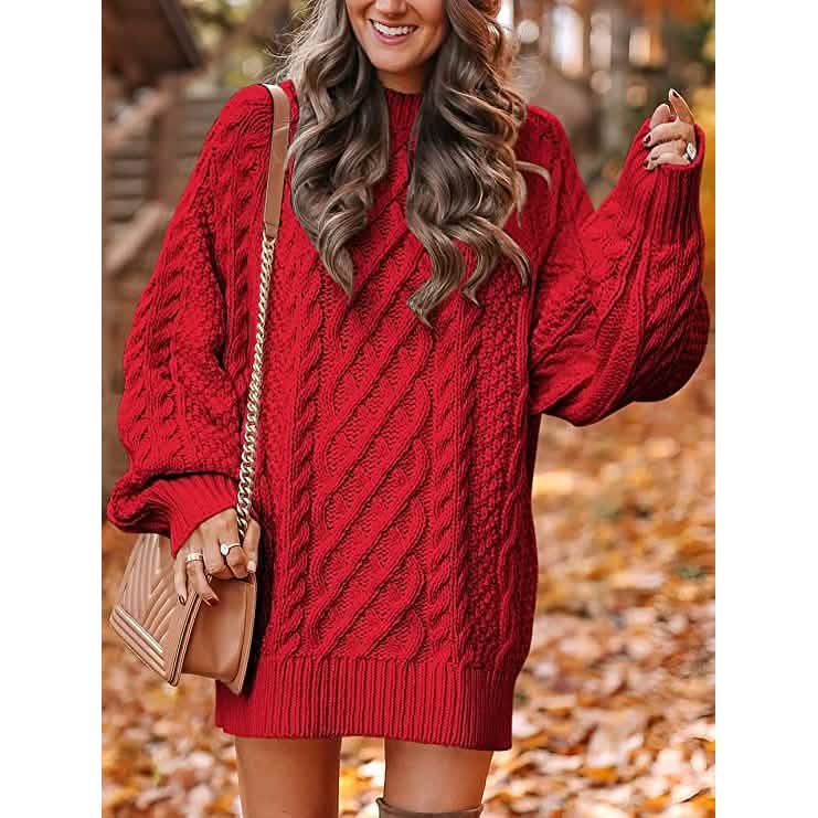 Women Crewneck Long Sleeve Oversized Cable Knit Chunky Pullover Short Sweater Dresses