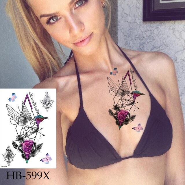 Women Luxury Temporary Stickers Realistic Body Tattoo Flowers Bird Elegant Big Design