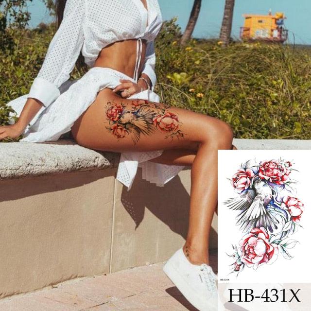 Women Luxury Temporary Stickers Realistic Body Tattoo Flowers Bird Elegant Big Design