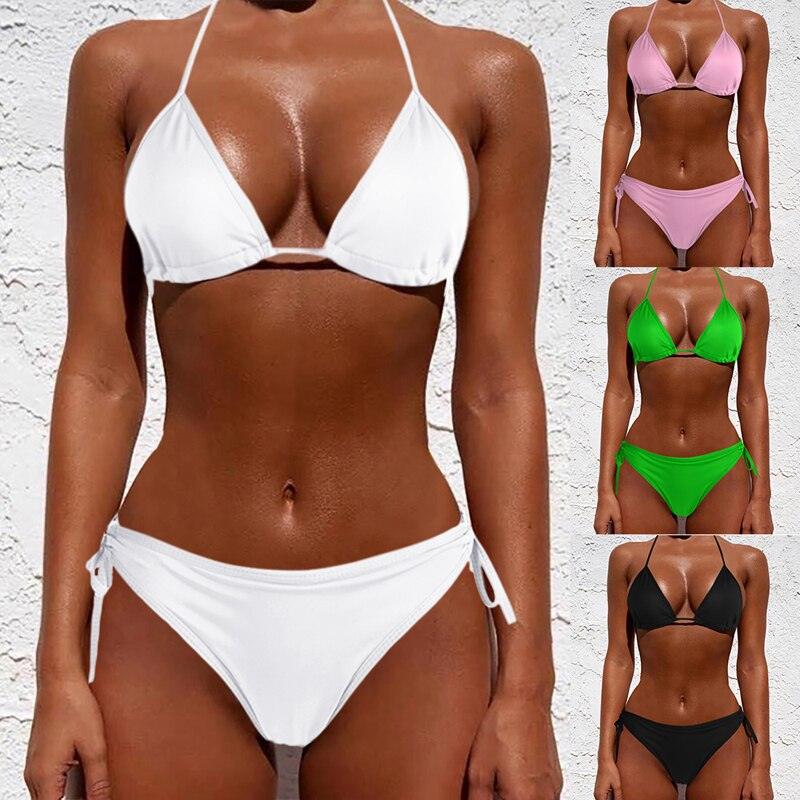Women One Size Bright Color Swimwear Women's Bikini Pure Color Micro Bikini Charming Bra Bottom Swimsuits New Summer Style Lady Bandage Bikini Set Push-up Bra Bathing Suit Swimsuit